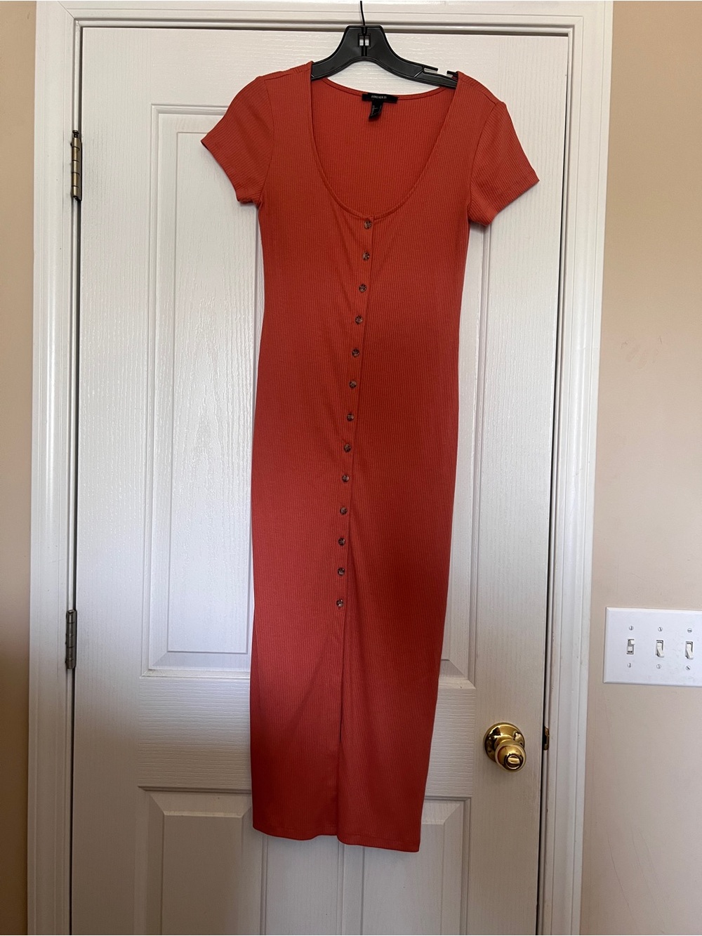 Forever 21 Rust Button-Front Ribbed Midi Dress